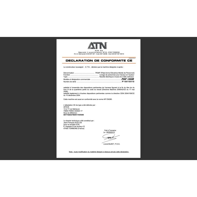 Nacelle mât vertical électrique ATN 1000R type TOUCAN                                              France compact